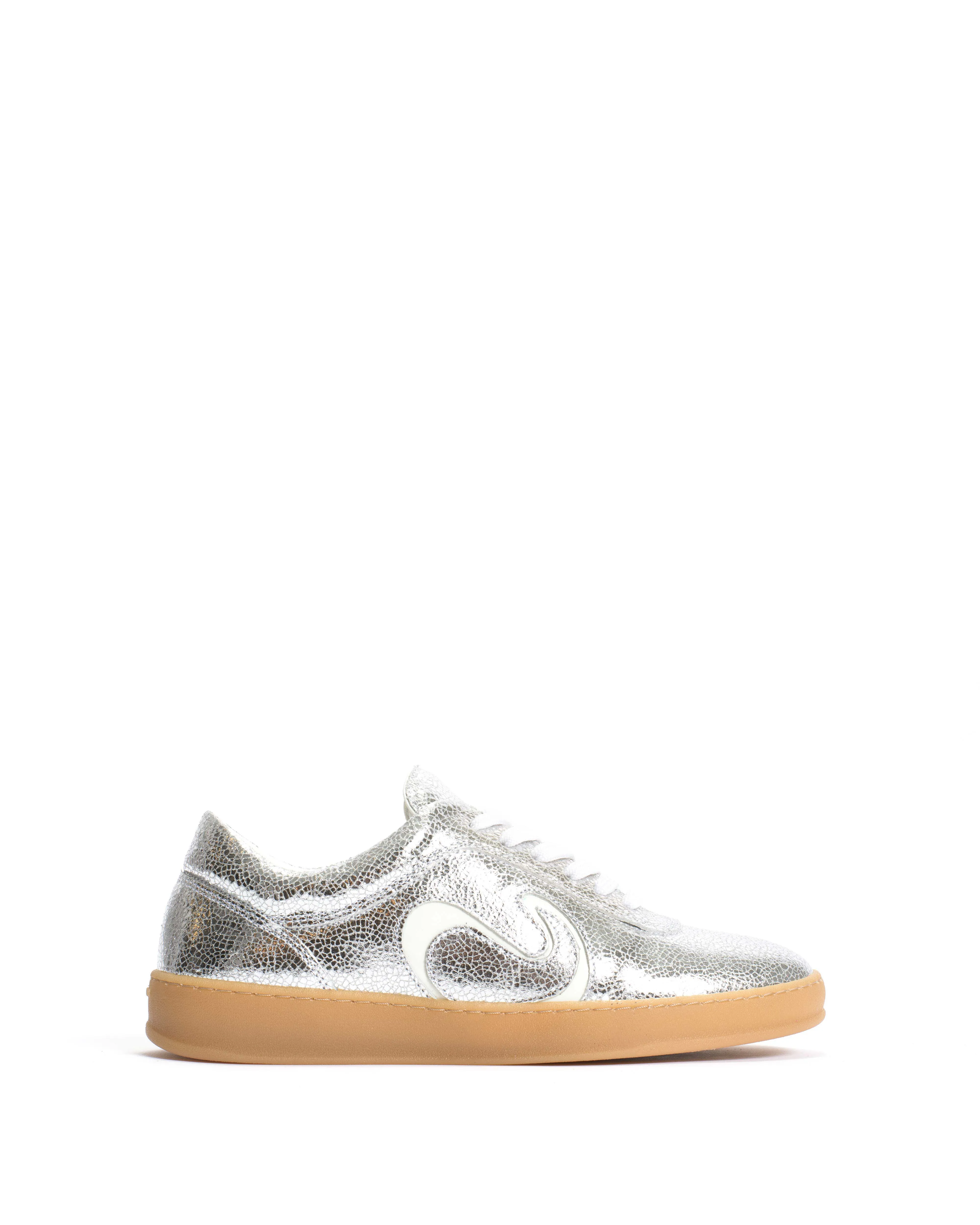 Blaire Crackled metallic goat & polished soft calf Silver & white sand sold by Anonymous Copenhagen