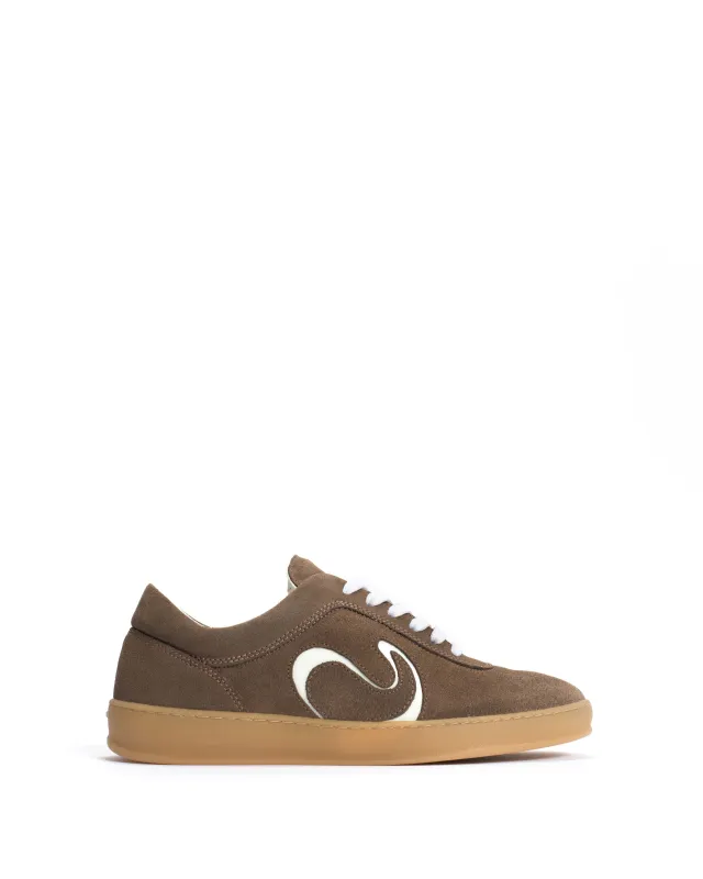Blaire Calf suede & polished soft calf Mushroom & sand white sold by Anonymous Copenhagen