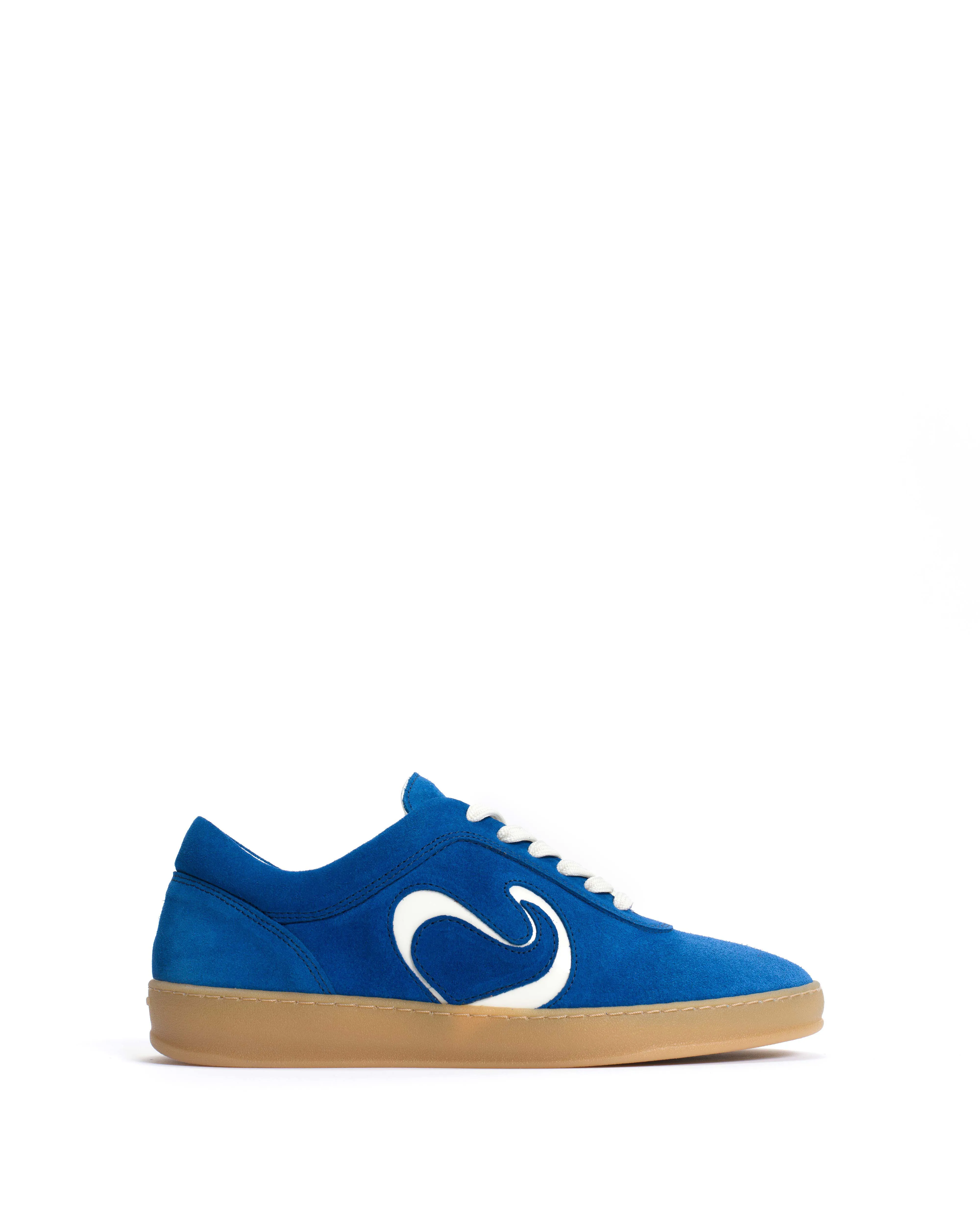 Blaire Calf suede & polished soft calf Electric blue & sand white sold by Anonymous Copenhagen