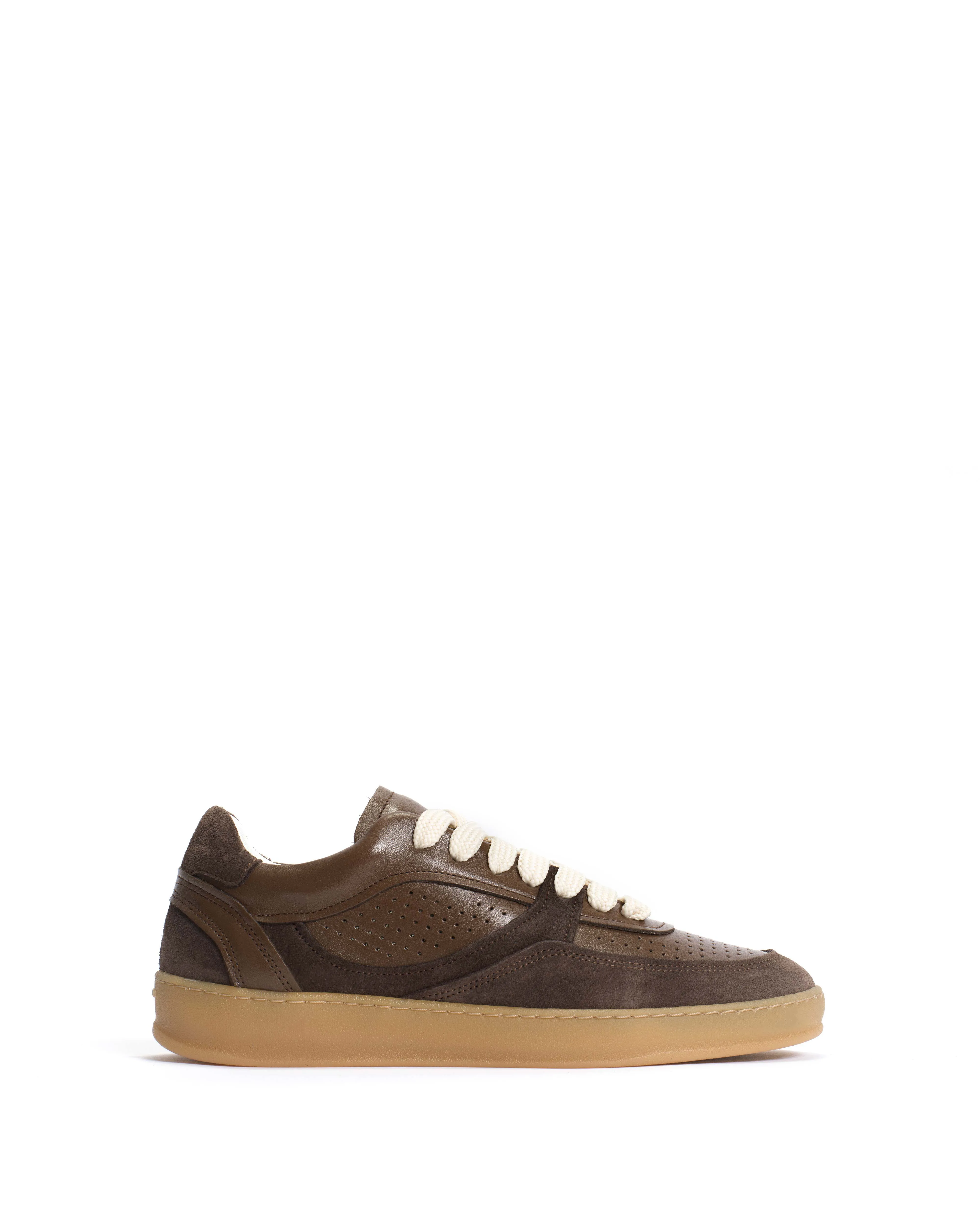 Elevate Calf suede & sleek leather Dark taupe & coffee brown sold by Anonymous Copenhagen