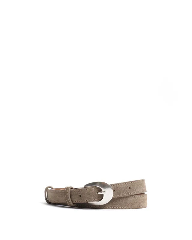 Aris unisex leather belt Calf suede & metal Mushroom & silver buckle sold by Anonymous Copenhagen