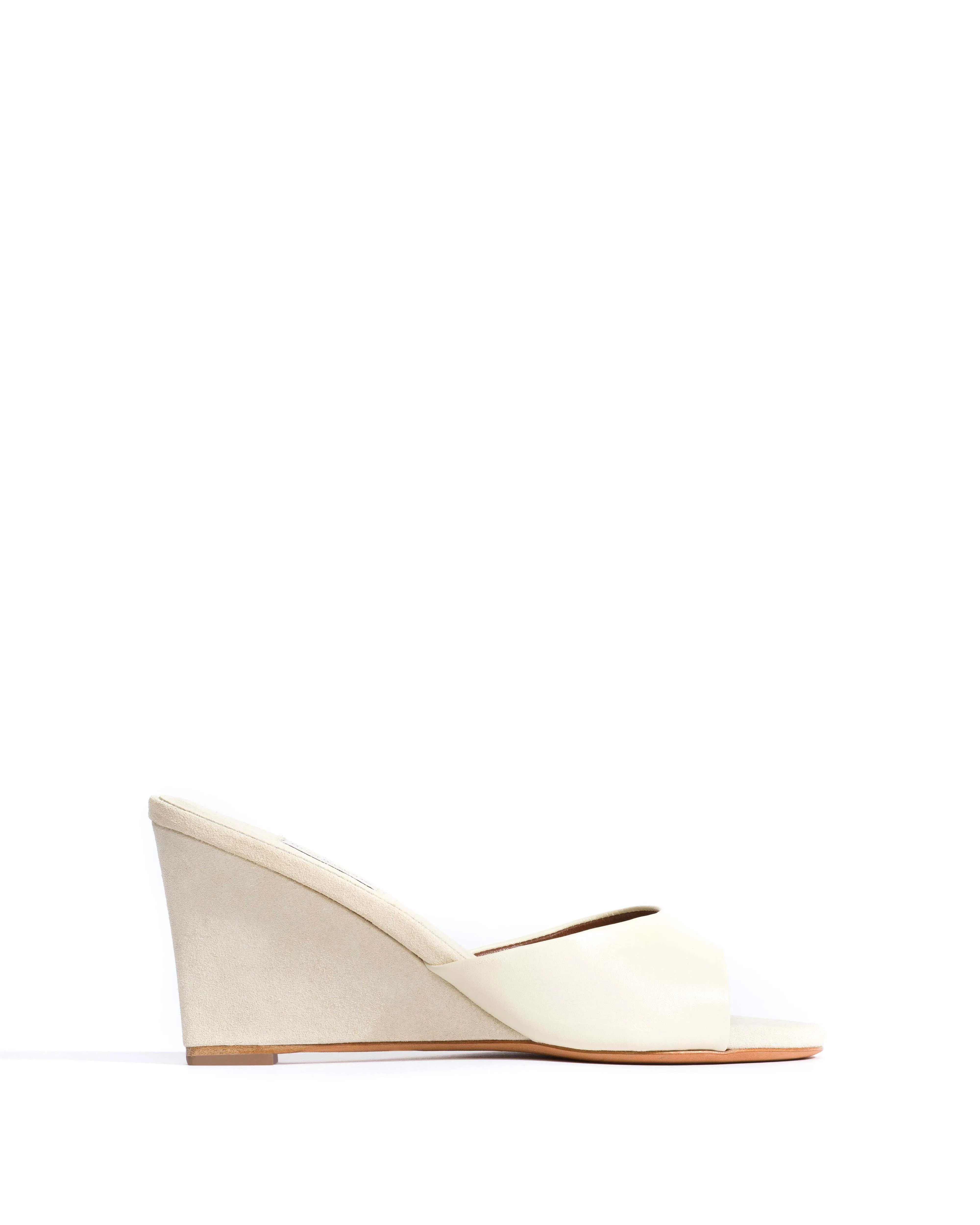 Gwen 75 wedge Shiny lamb & suede leather White sand & antique white sold by Anonymous Copenhagen