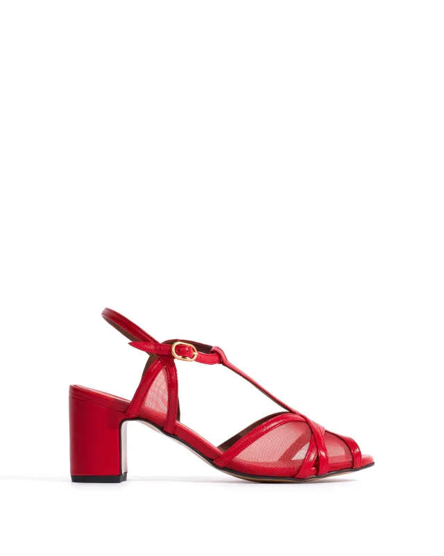 Therese 55 block mesh Shiny lamb & mesh Ruby red sold by Anonymous Copenhagen