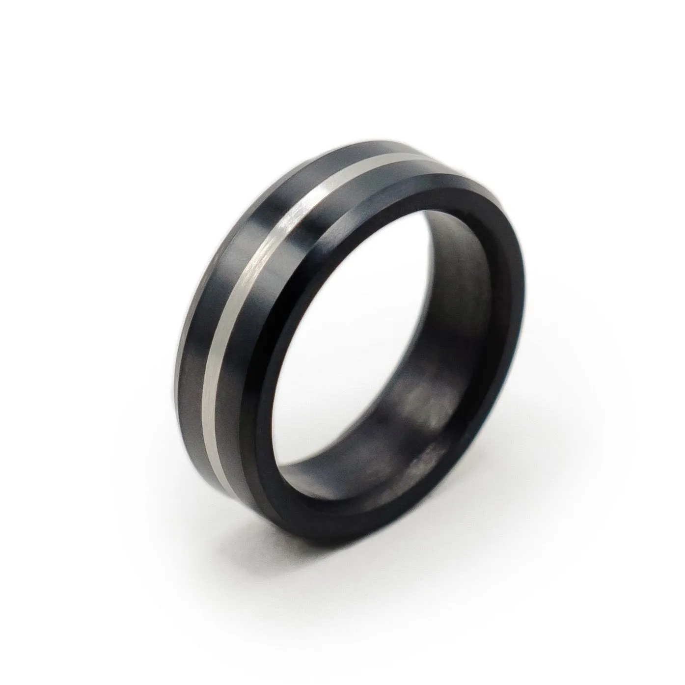 Ares Beveled Platinum Inlay Ring 7mm sold by Elysium Hope