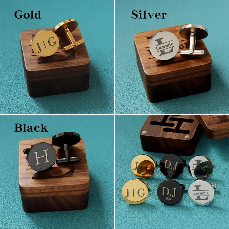 Men's Custom Engraving Box Surface Wedding Day Wooden Cufflinks Set sold by FloralTrip product image thumbnail 5