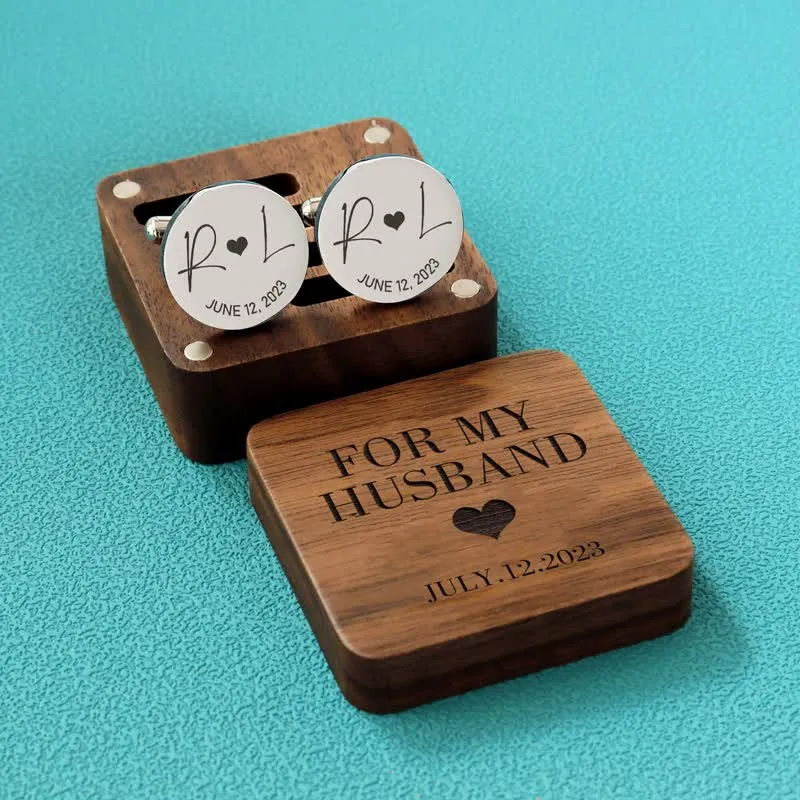 Men's Custom Engraving Box Surface Wedding Day Wooden Cufflinks Set sold by FloralTrip