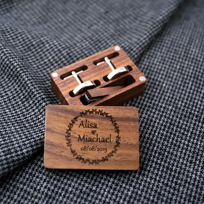 Men's Custom Engraving Box Surface Wedding Day Wooden Cufflinks Set sold by FloralTrip
