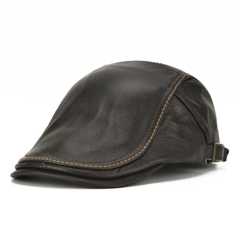 Peaked Cabbie Flat Cap Genuine Leather Beret Hat sold by FloralTrip