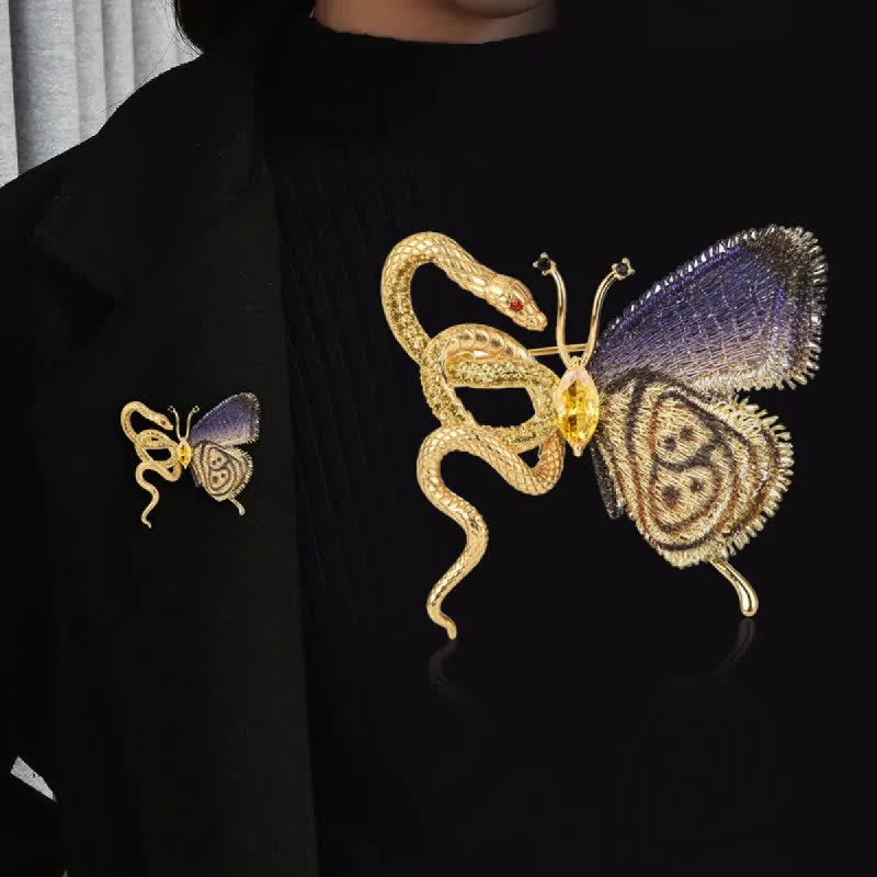 Women's Purple Embroidery Butterfly & Gold Snake Brooch sold by FloralTrip