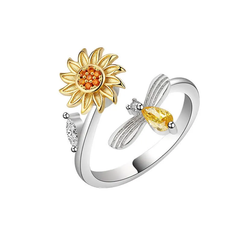 Fidget Spinning Sunflower Rose Bee Adjustable Ring sold by FloralTrip
