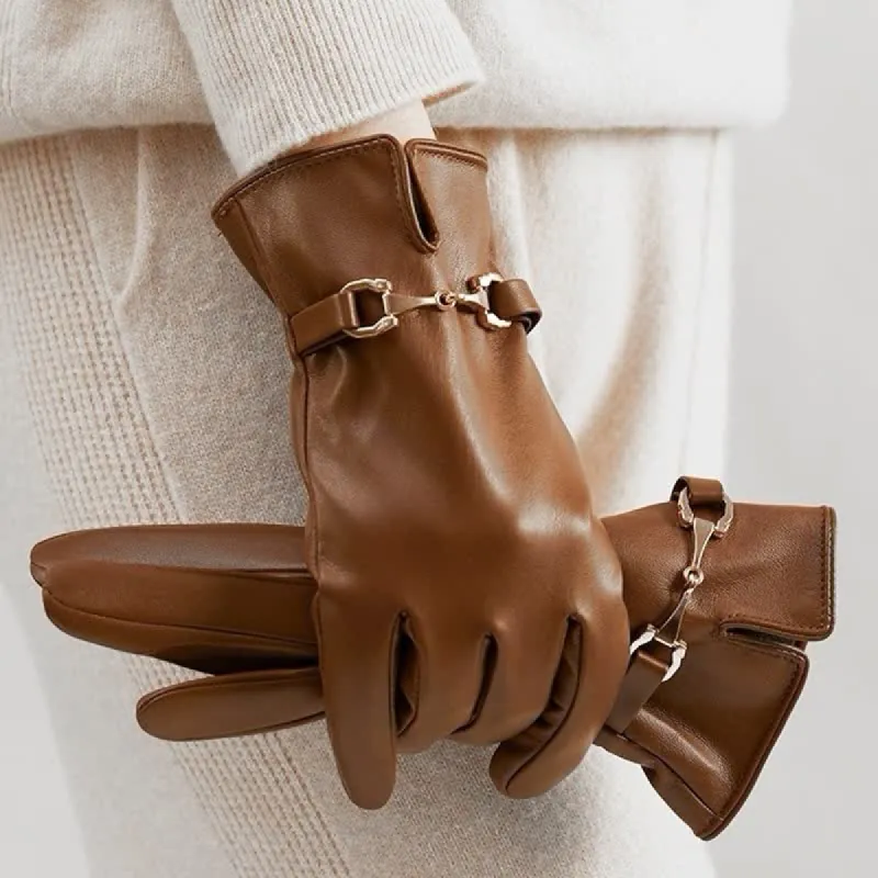 Women's Metal Decor Warm Velvet PU Leather Gloves sold by FloralTrip