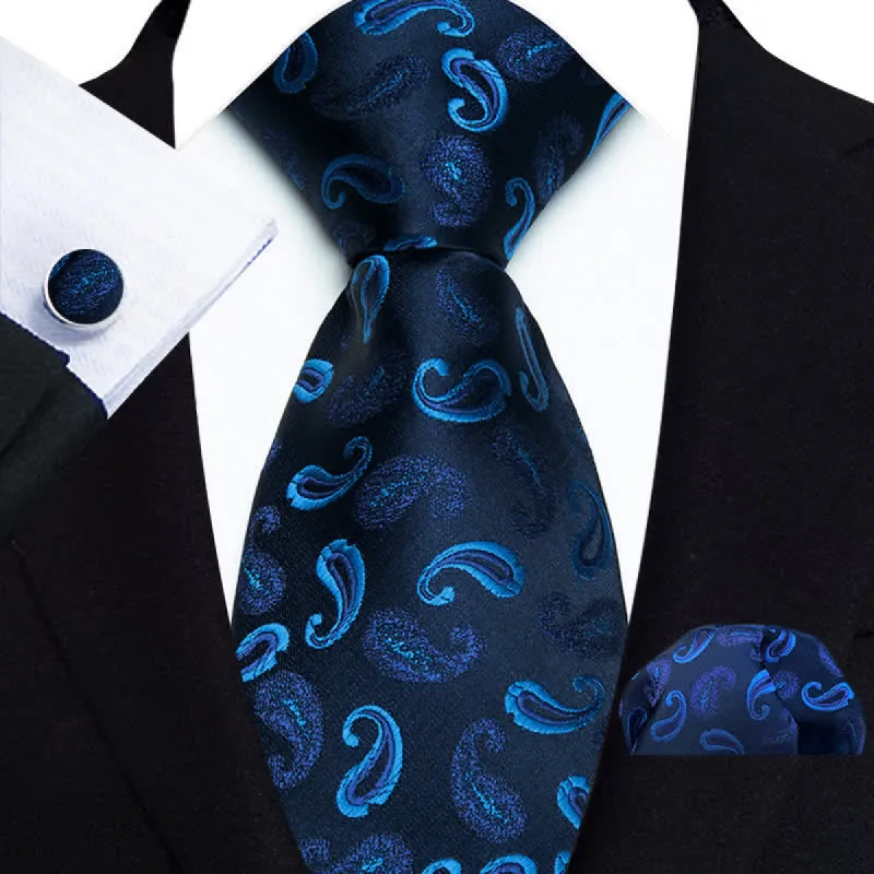 3Pcs Men's Classy Royal Blue Paisley Necktie Set sold by FloralTrip