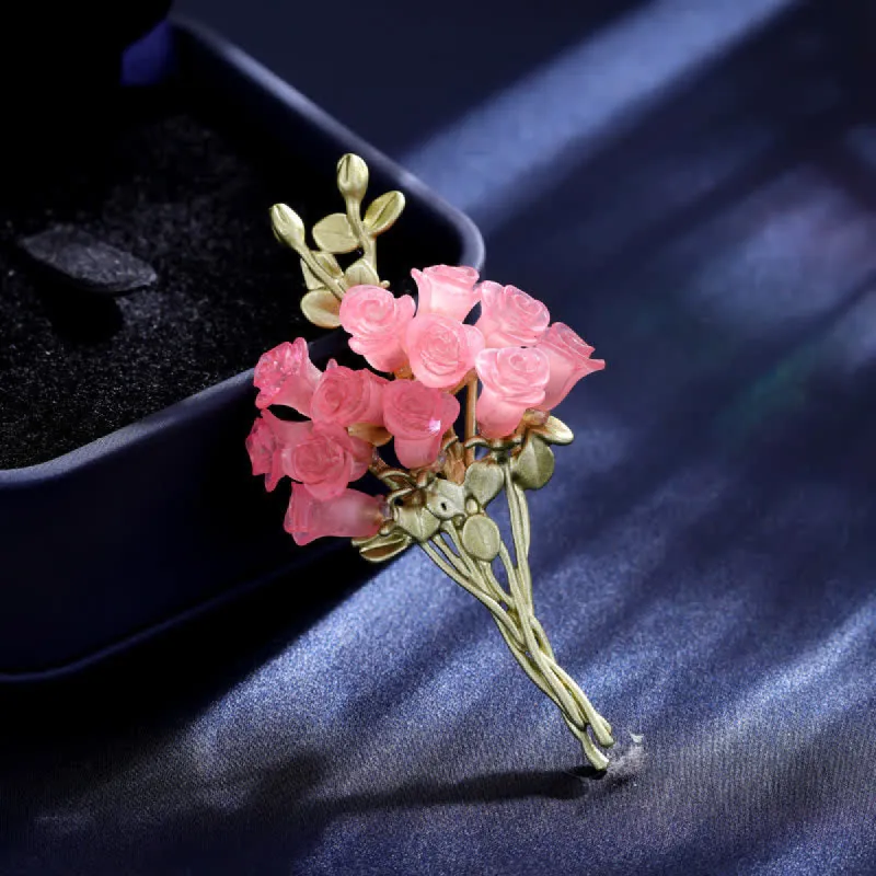 Women's Romantic Pink & Green Rose Bouquet Brooch sold by FloralTrip