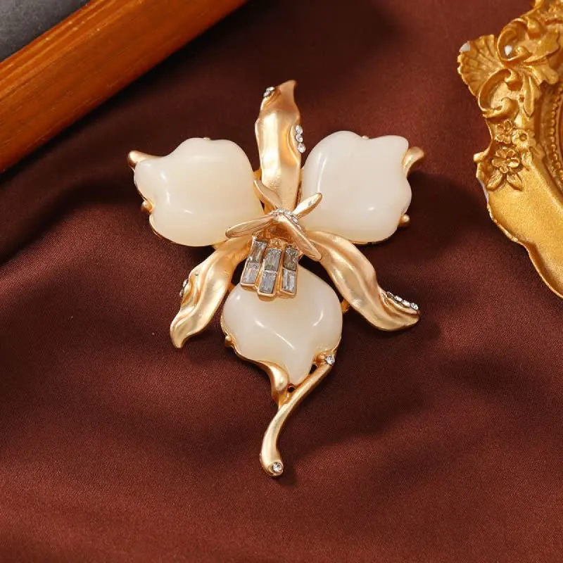 Women's Metallic Brass Orchid Resin Petal Flower Brooch sold by FloralTrip