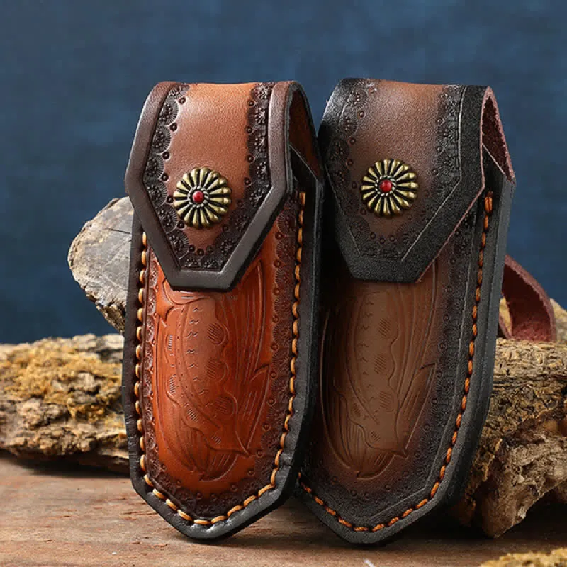 Leaves Embossing Pattern Folding Knife Sheath Leather Belt Bag sold by FloralTrip