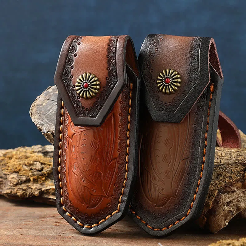 Leaves Embossing Pattern Folding Knife Sheath Leather Belt Bag sold by FloralTrip