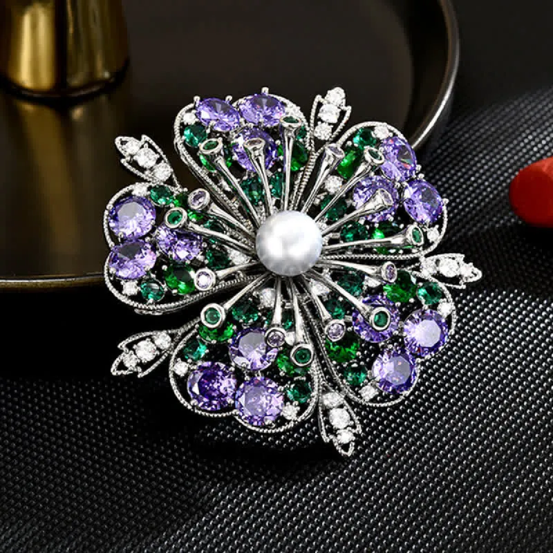 Women's Elagant Floral Colored Zircon Pearl Brooch made by FloralTrip