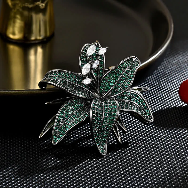 Women's Dark Green Lily Crystal Zircons Inlaid Brooch sold by FloralTrip