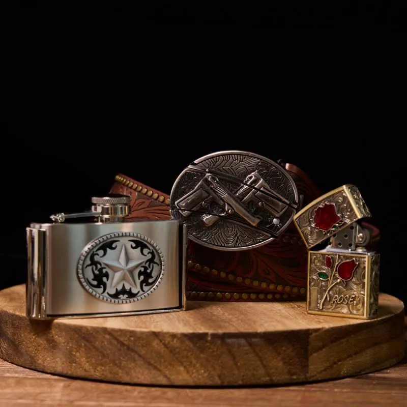 Dual Guns DIY Hidden Knife Belt Buckle Star Flask Buckle Rose Lighter Bundle Set sold by FloralTrip