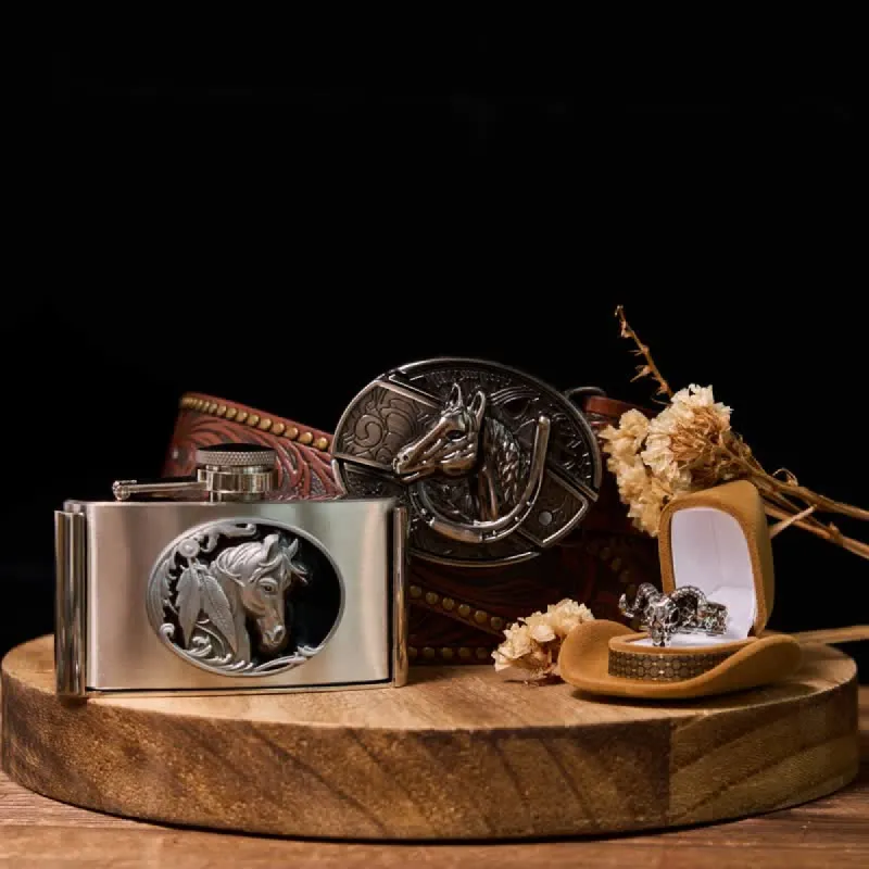 Horse DIY Hidden Knife Belt Buckle 3oz. Flask Buckle Goat Ring Bundle Set sold by FloralTrip