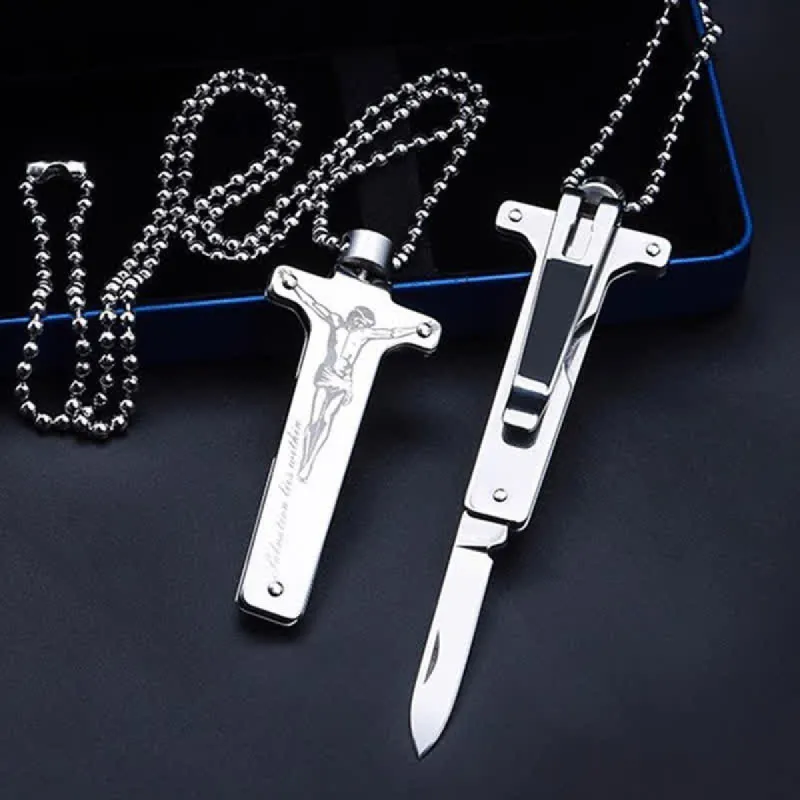 Mini Creative Jesus Holy Cross Pendant Folding Knife Necklace sold by FloralTrip