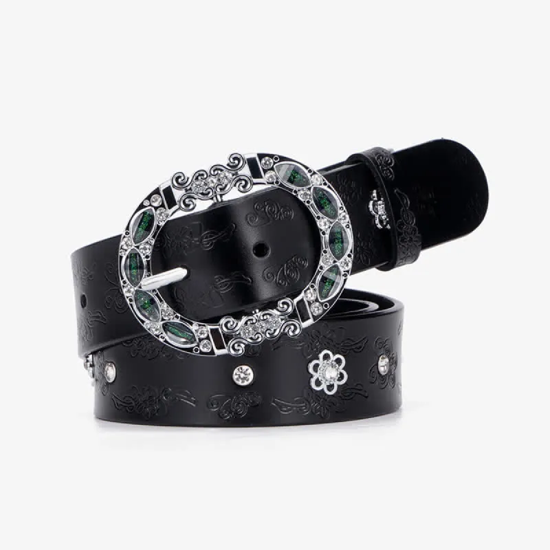 Women's Floral White & Dark Green Rhinestones Leather Belt sold by FloralTrip
