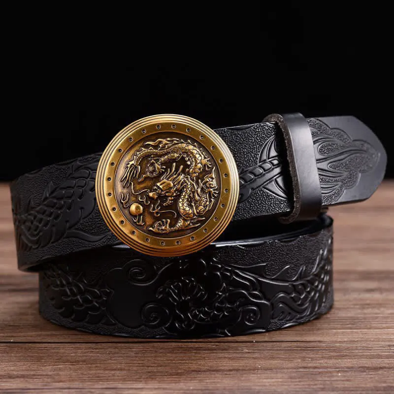 Men's Dragon Prints Round Automatic Buckle Leather Belt sold by FloralTrip