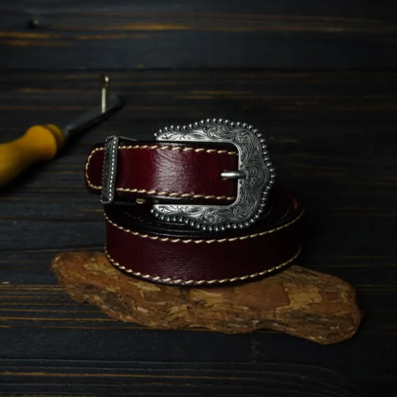 Retro Flower Carved Buckle Sewing Details Leather Belt sold by FloralTrip