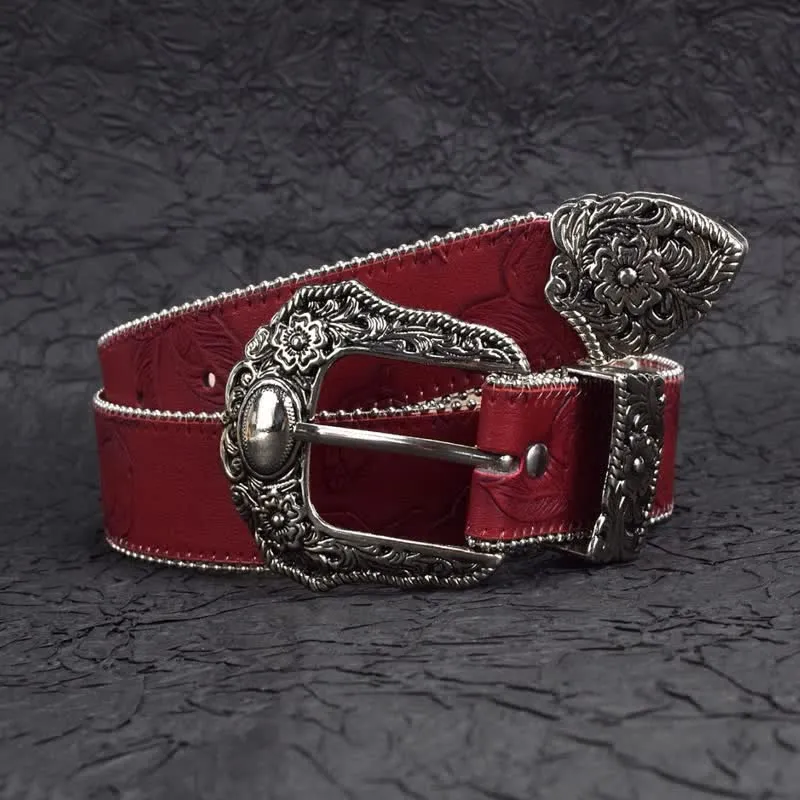 Women's Vintage-Style Dark Red Chain Beaded Leather Belt sold by FloralTrip