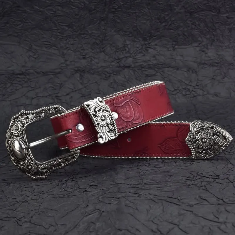 Women's Vintage-Style Dark Red Chain Beaded Leather Belt sold by FloralTrip product image thumbnail 2