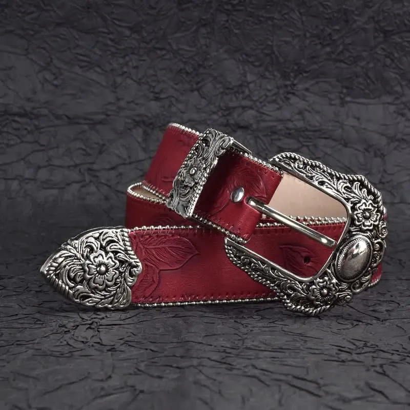 Women's Vintage-Style Dark Red Chain Beaded Leather Belt sold by FloralTrip product image thumbnail 3