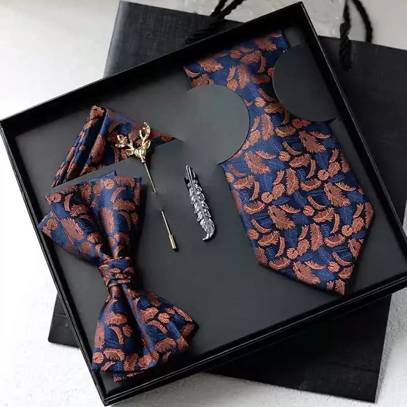5Pcs Men's White / Orange Feather Print Navy Bow Ties Gift Box sold by FloralTrip