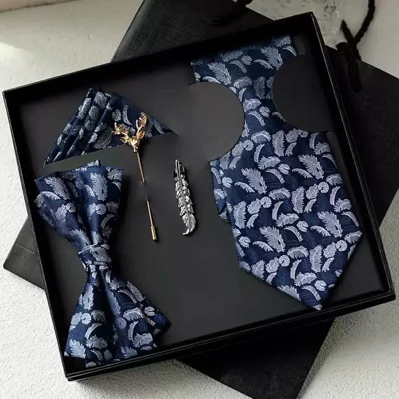 5Pcs Men's White / Orange Feather Print Navy Bow Ties Gift Box sold by FloralTrip product image thumbnail 2