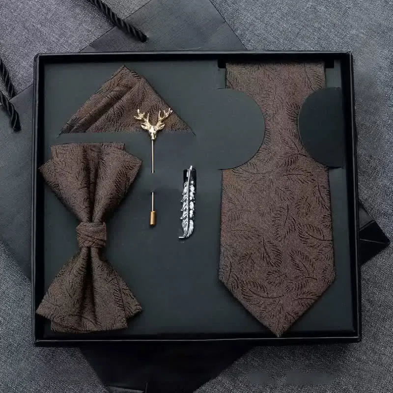 5Pcs Men's Casual Dark Brown Leaves Print Bow Ties Gift Box sold by FloralTrip