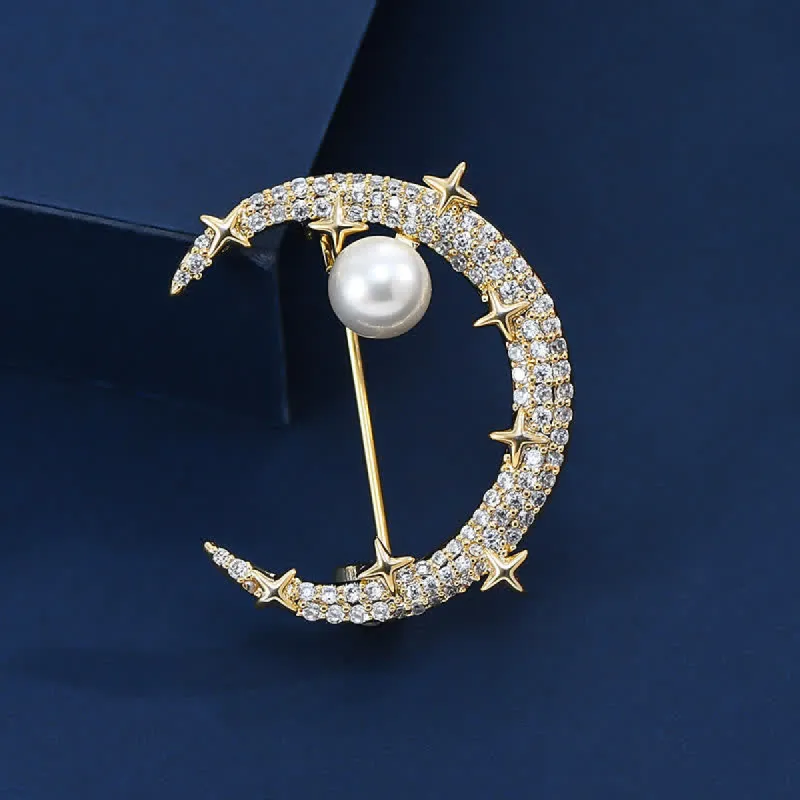 Women's Fashion Moon & Star Rhinestone Brooch sold by FloralTrip