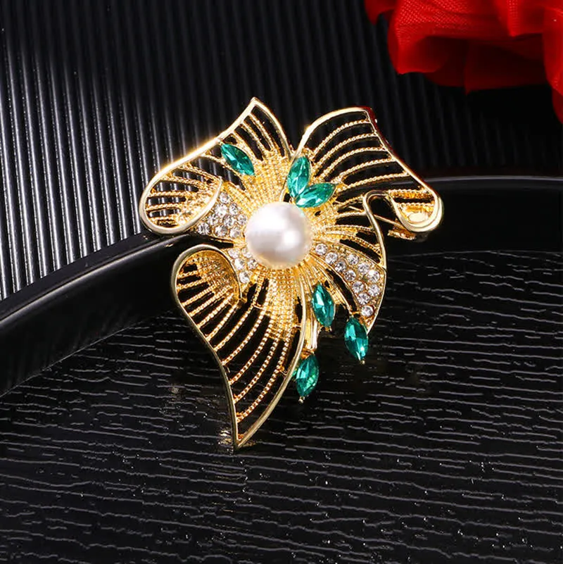 Women's Gold Hollow Leaf Pearl Rhinestone Brooch sold by FloralTrip product image thumbnail 5