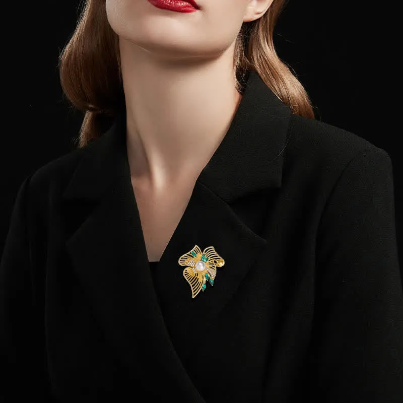 Women's Gold Hollow Leaf Pearl Rhinestone Brooch sold by FloralTrip product image thumbnail 2