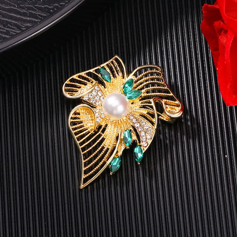 Women's Gold Hollow Leaf Pearl Rhinestone Brooch sold by FloralTrip product image thumbnail 3