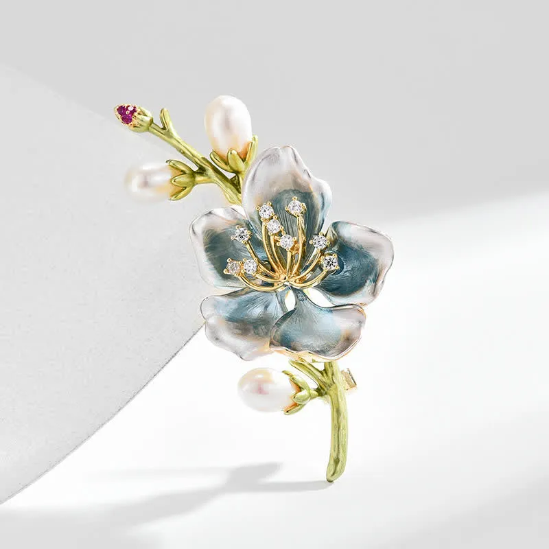 Women's Blue Enamel Magnolia Flower Faux Pearl Brooch sold by FloralTrip product image thumbnail 5