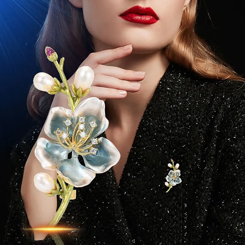 Women's Blue Enamel Magnolia Flower Faux Pearl Brooch sold by FloralTrip product image thumbnail 2