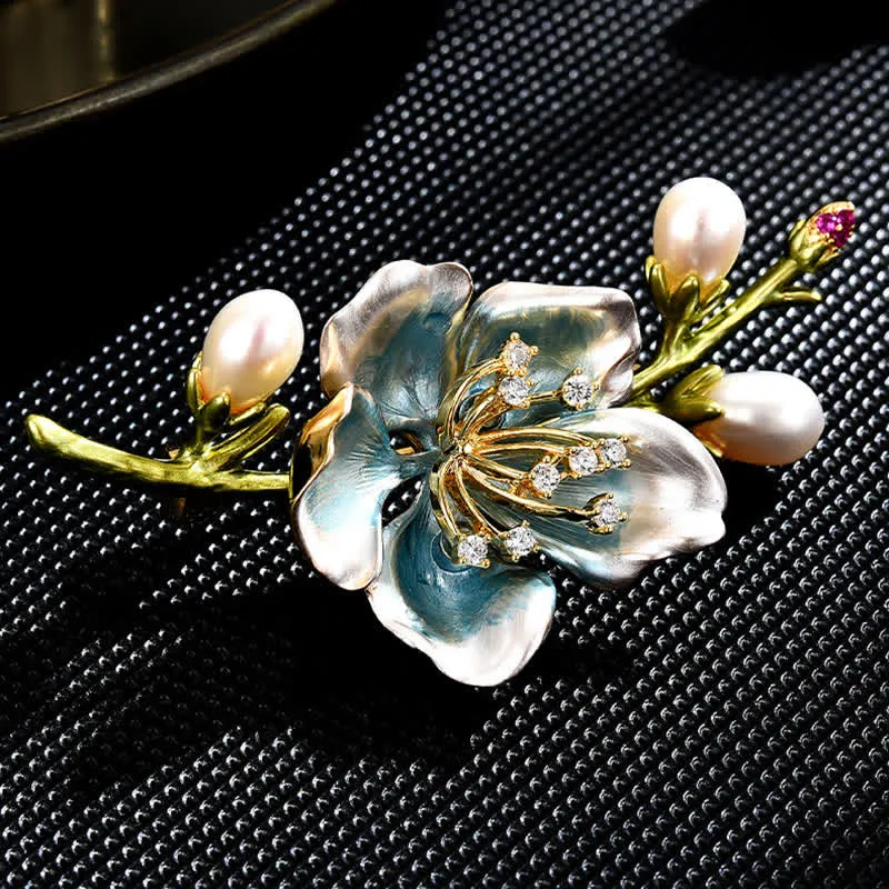Women's Blue Enamel Magnolia Flower Faux Pearl Brooch sold by FloralTrip product image thumbnail 3