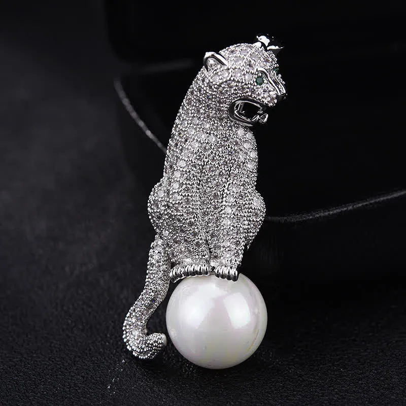 Unisex Leopard Shiny Zircon Faux Pearl Decoration Brooch sold by FloralTrip