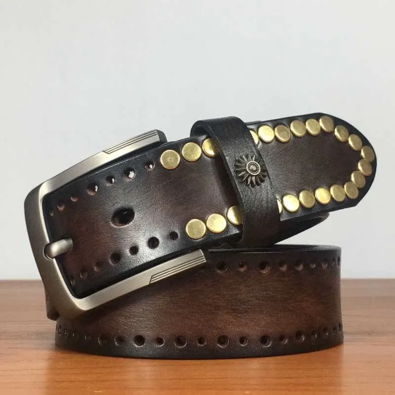 Vintage Retro Bronze Circle Rivets Studded Leather Belt sold by FloralTrip