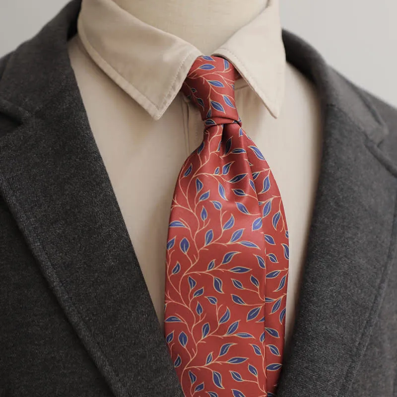 Men's Dark Red & Navy Leaves Floral Printed Necktie sold by FloralTrip