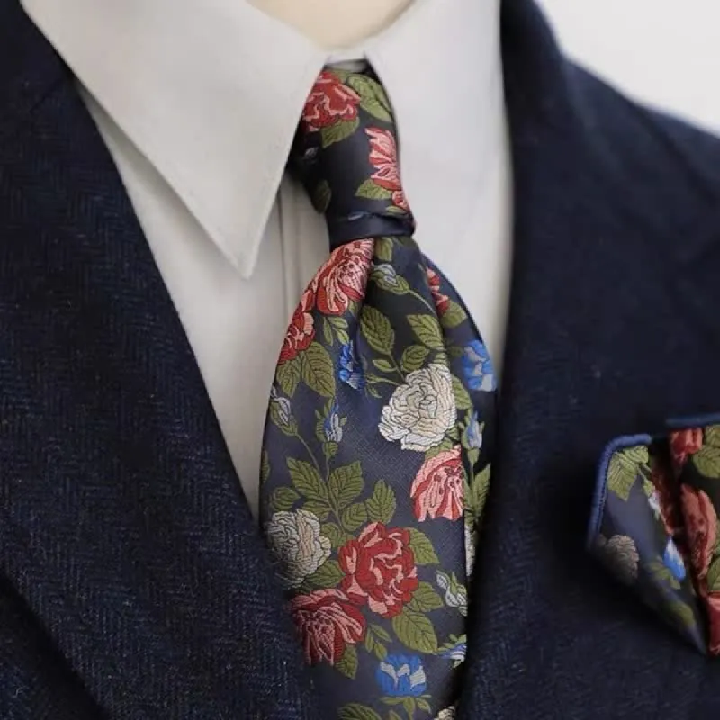 Men's Vintage Navy & Red Roses Floral Printed Necktie made by FloralTrip