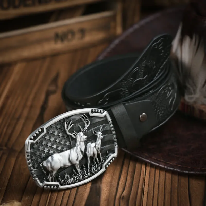 Deer Decoration Flag Background Embossed Pattern Leather Belt sold by FloralTrip
