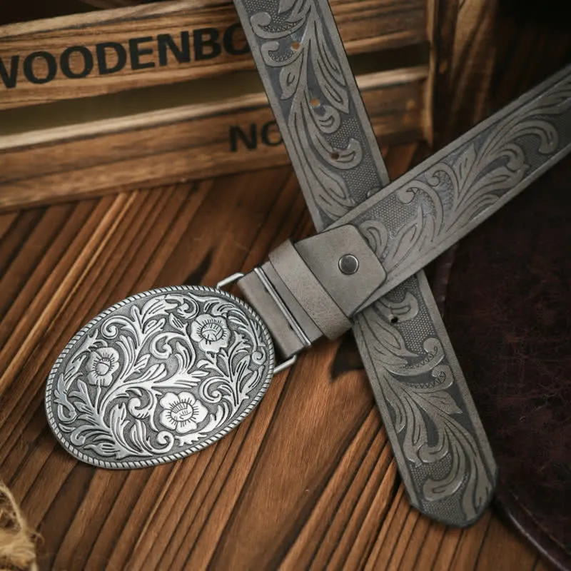 Western Carved Flower Buckle Cowboy Dress Leather Belt sold by FloralTrip product image thumbnail 2