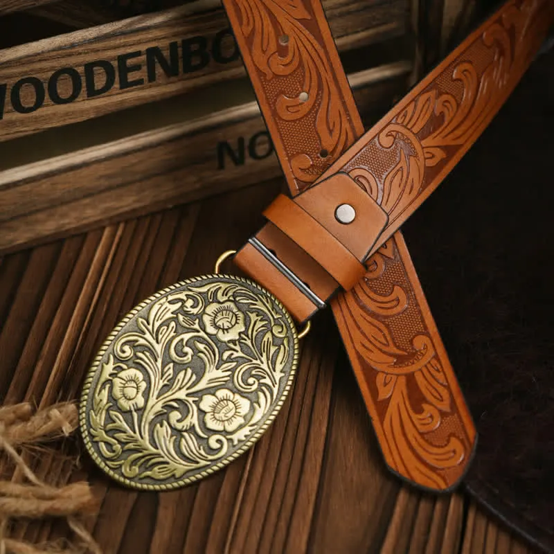 Western Carved Flower Buckle Cowboy Dress Leather Belt sold by FloralTrip product image thumbnail 3