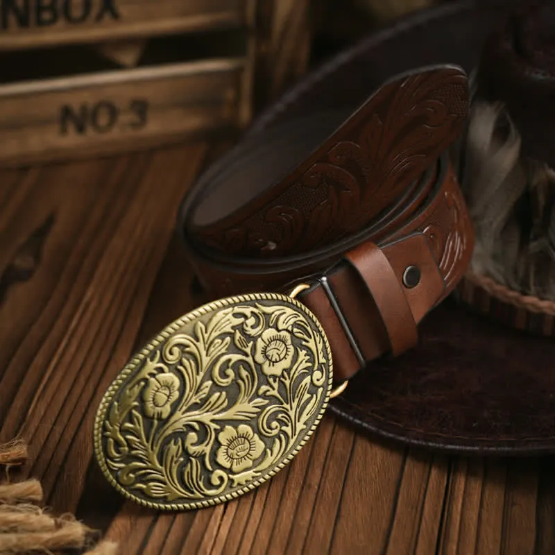 Western Carved Flower Buckle Cowboy Dress Leather Belt sold by FloralTrip product image thumbnail 4