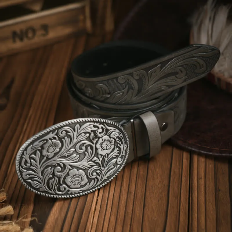 Western Carved Flower Buckle Cowboy Dress Leather Belt sold by FloralTrip